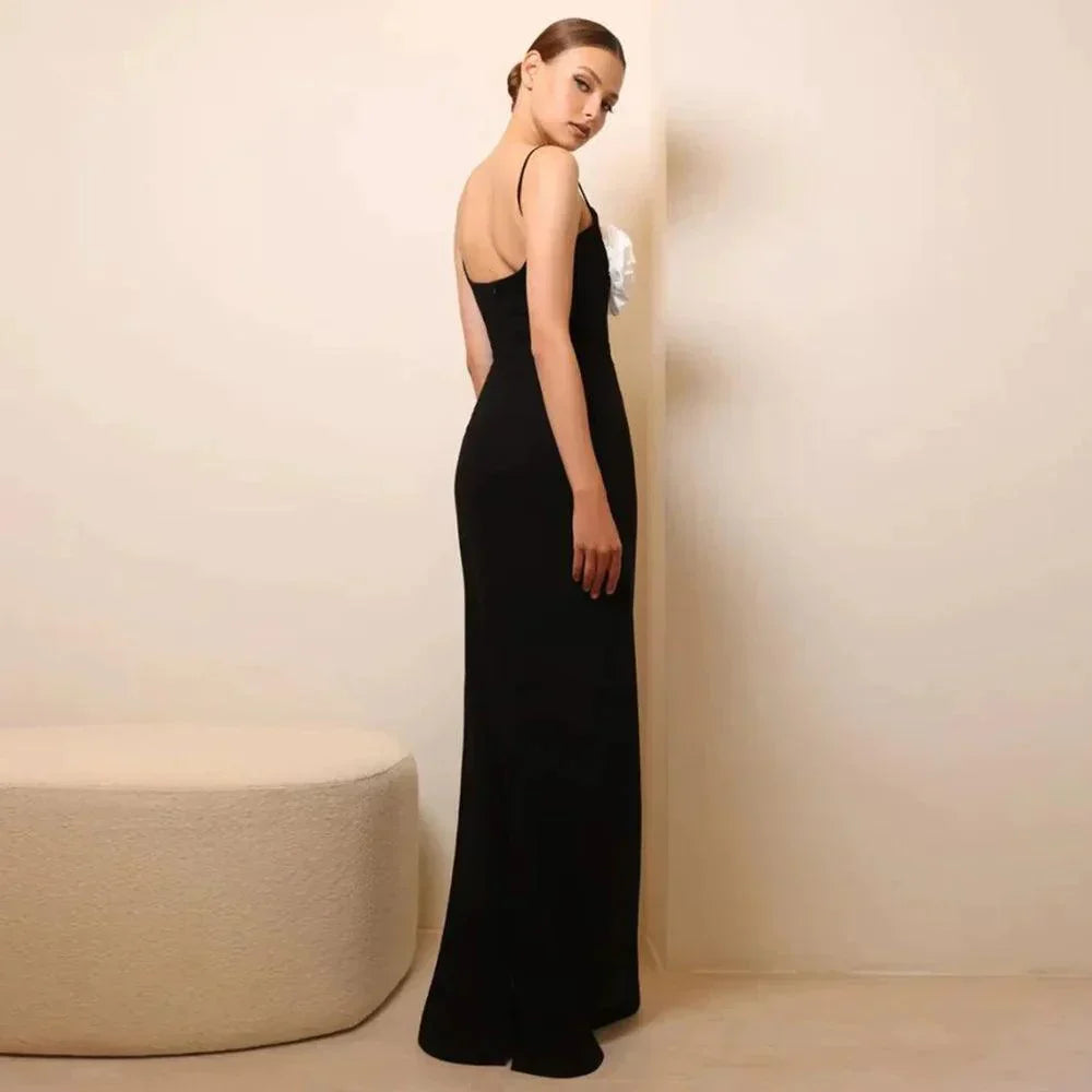 Black Spaghetti Strap Rose Flower Applique Bodycon Maxi Dress 7