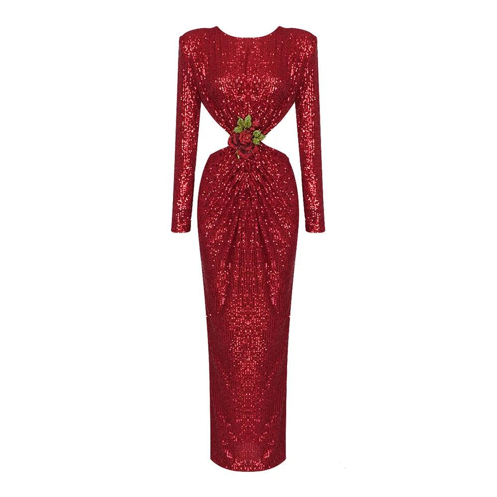 Round Neck Long Sleeve Sequin Cutout Rose Applique Maxi Dress