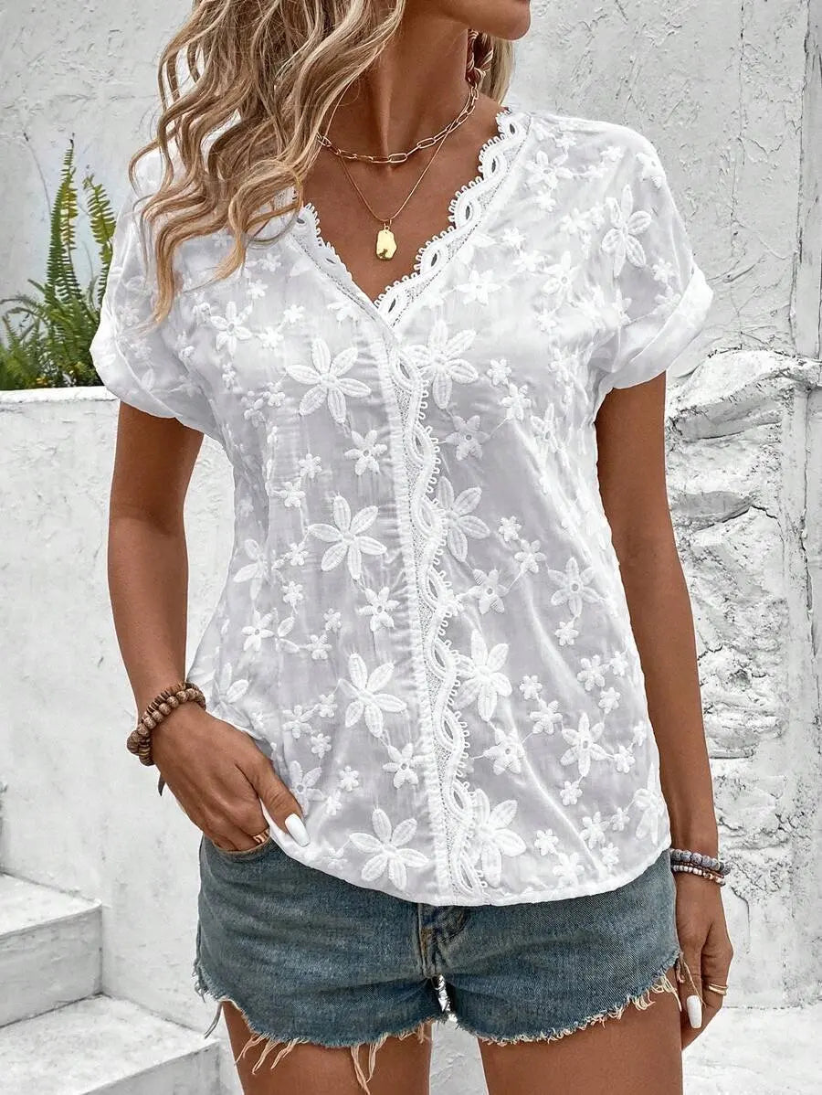 Loose White Lace Vneck Short Sleeve Blouse