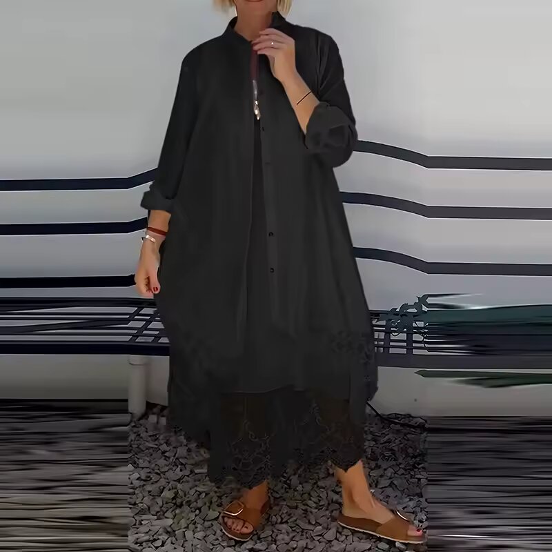 Collared Long Sleeve Linen Cardigan Lace Hem Dress Set 5