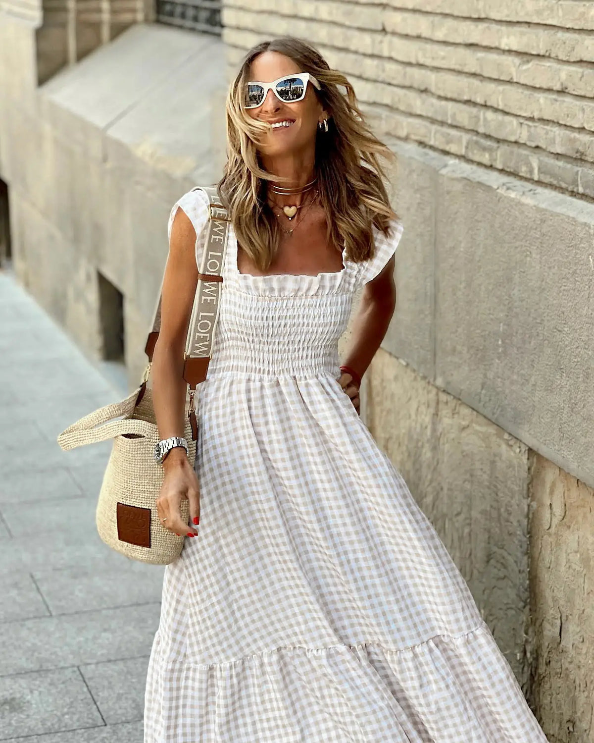 Square Neck Gingham Smocked Bodice Ruffle Strap Tiered Maxi Dress 5