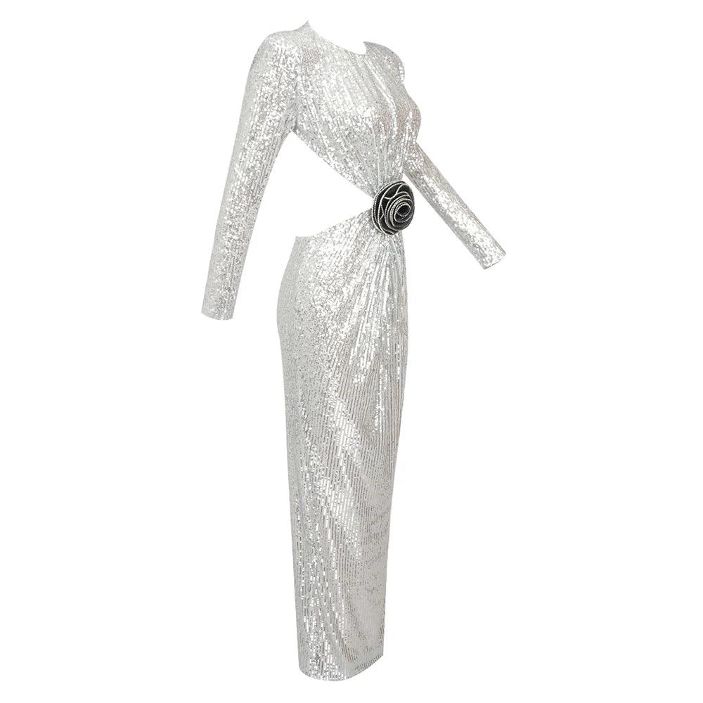 Silver Round Neck Long Sleeve Sequin Rosette Waist Cutout Maxi Dress 10