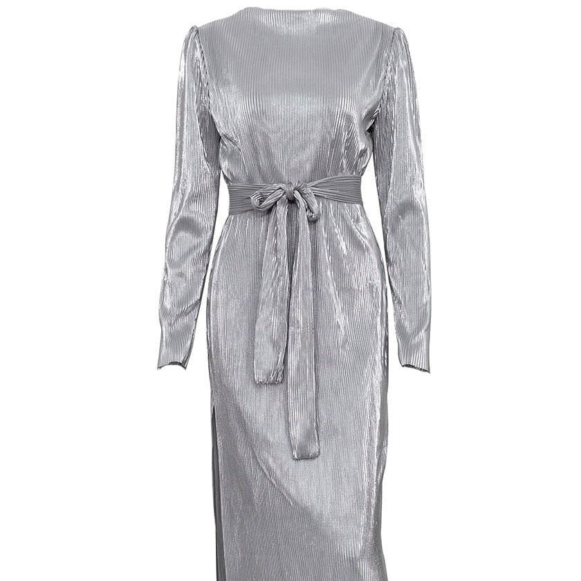 Silver Round Neck Metallic Pleated Long Sleeve Tie Waist A-Line Midi Dress