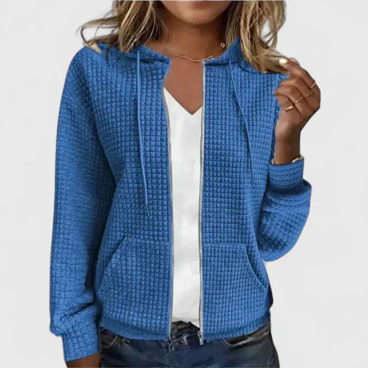 Hooded Waffle Knit Zip Front Drawstring Long Sleeve Hoodie Jacket