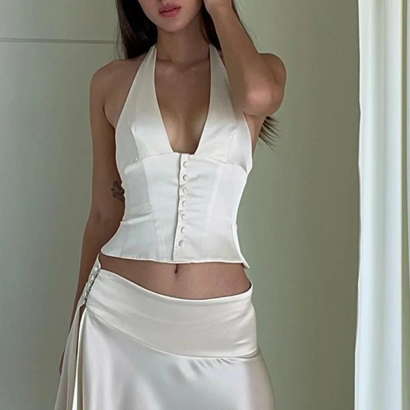 Satin Vneck Halter Solid Cami Top