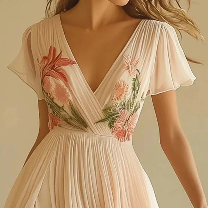 Pink V-Neck Flutter Sleeve Floral Embroidered Chiffon Flowy Maxi Gown