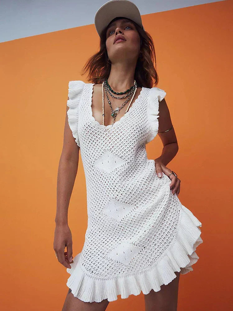 Ruffled Crochet Hollow Out Knit Beach Mini Dress