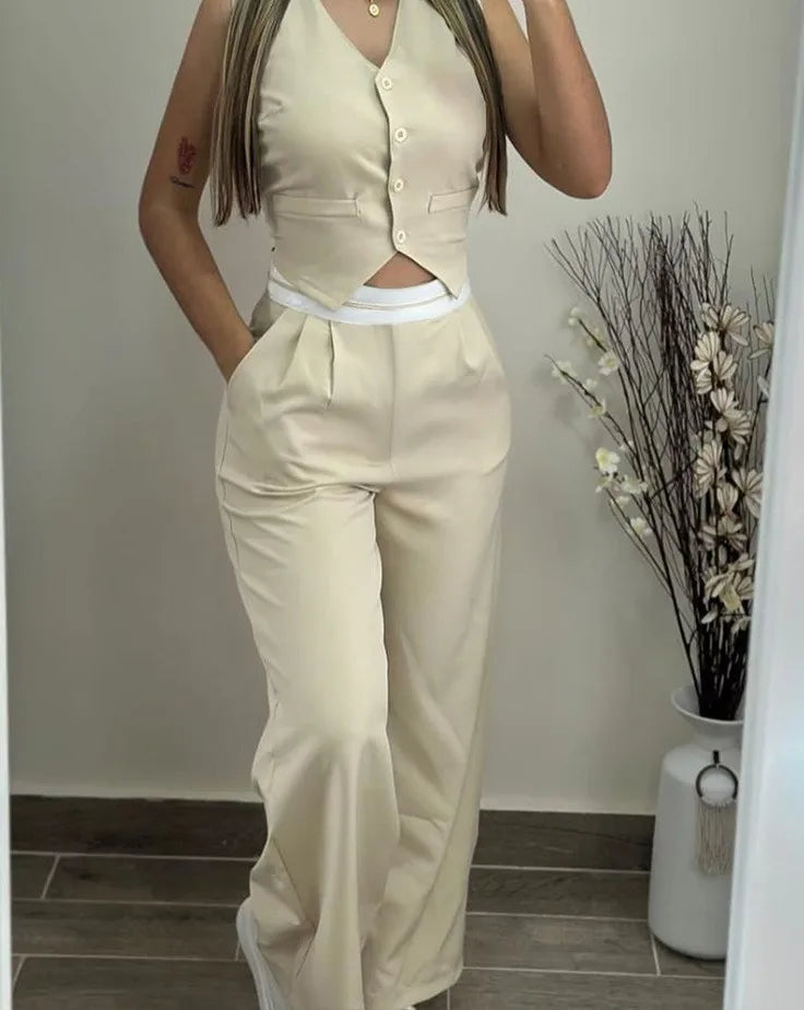 VNeck Pocket Straight Pant Suit