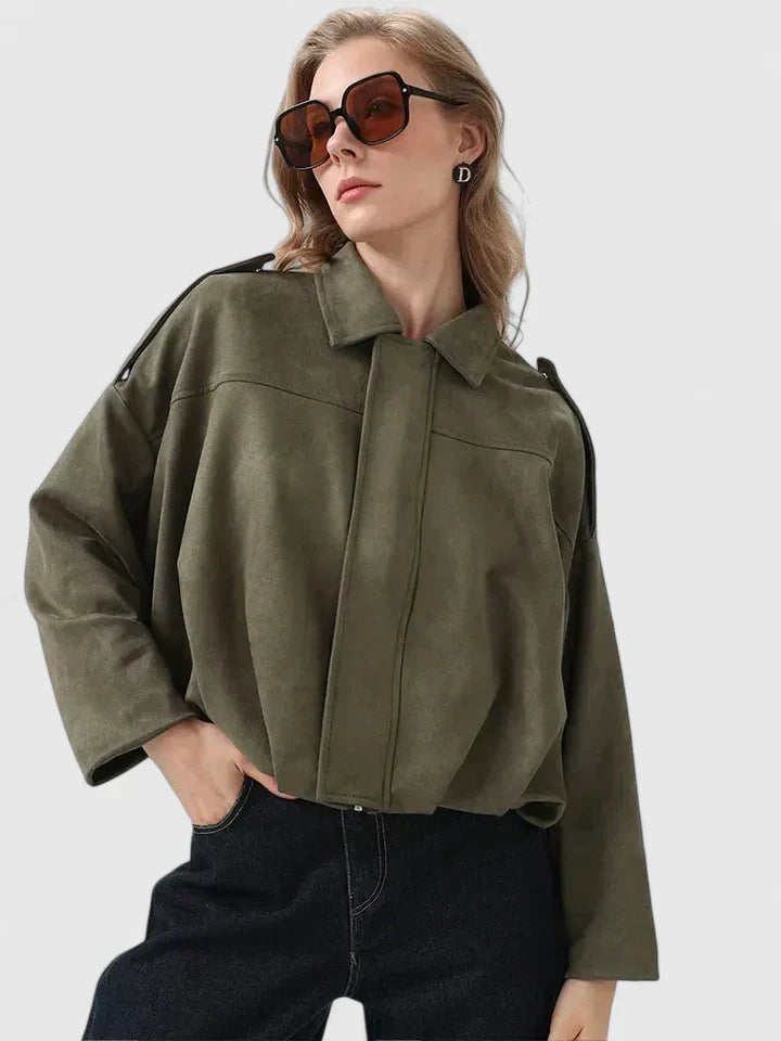Collared Suede Zip Front Drop Shoulder Oversized Jacket