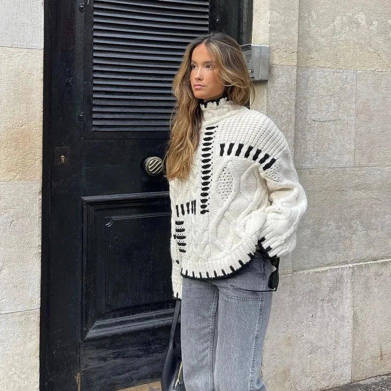 Beige Turtleneck Cable Knit Contrast Stitch Chunky Sweater