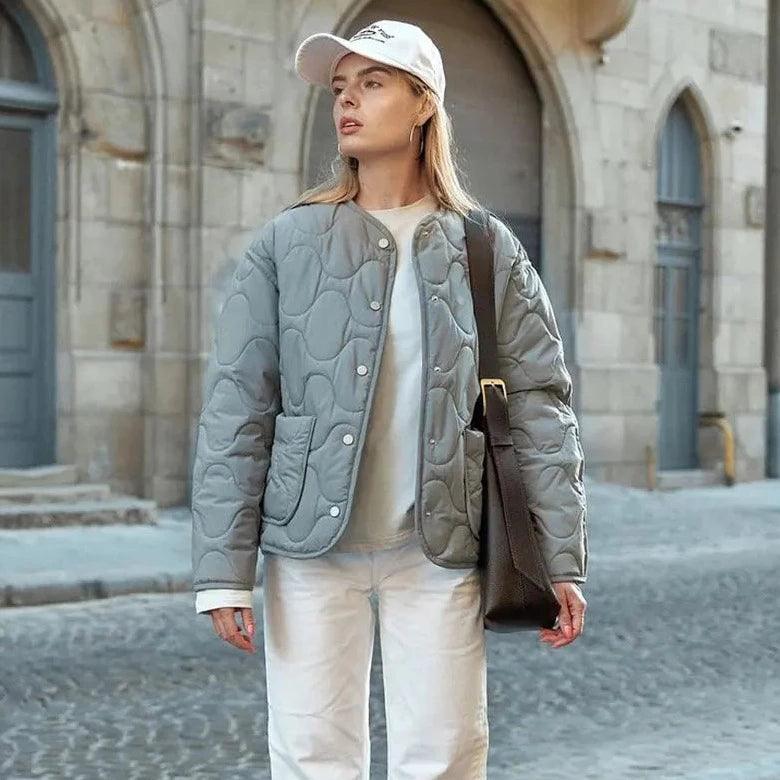 Gray Collarless Wave Quilted Snap Button Padded Jacket