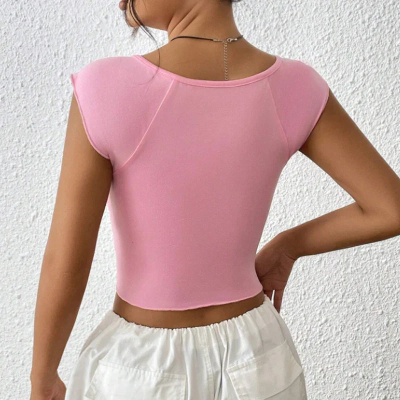 Pleated Deep VSlit Slim Fit Crop Top