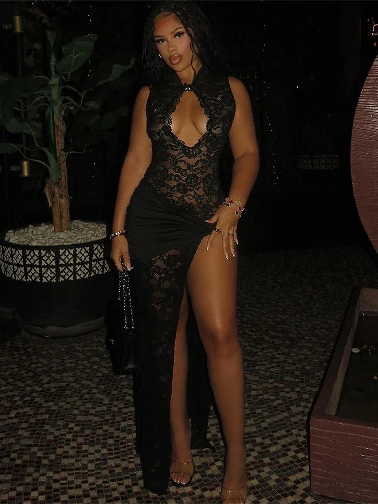 Lace Stretch Graphic Slit Maxi Dress