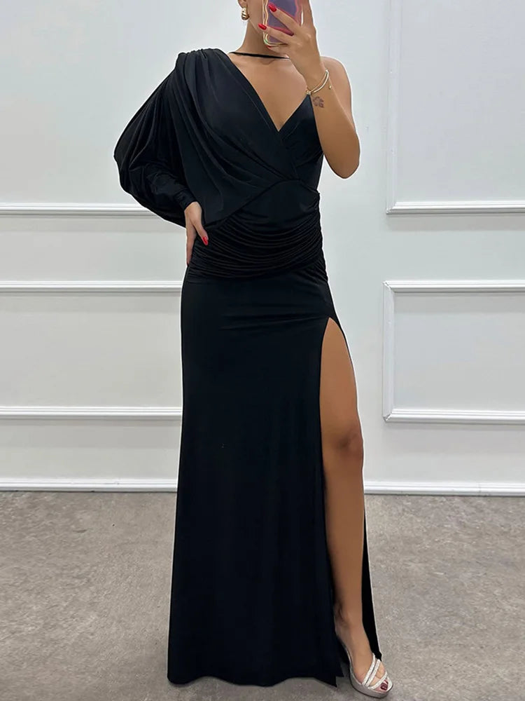 One-Shoulder Draped Sleeve Ruched Satin High Slit Mermaid Gown