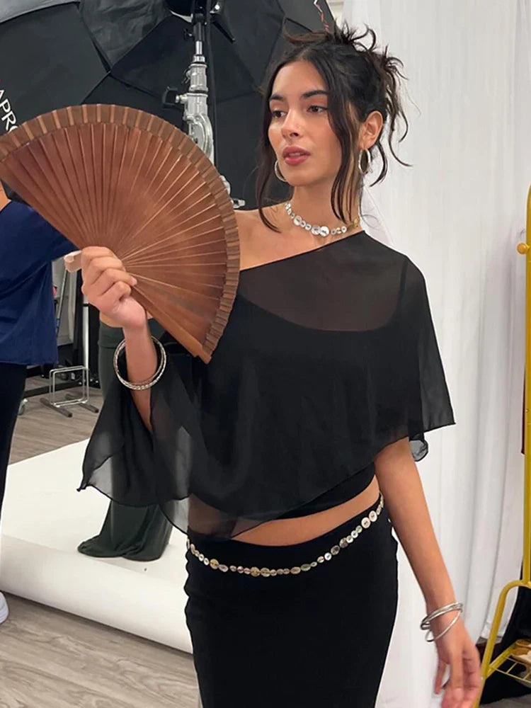 OneShoulder Mesh Crop Sheer Top