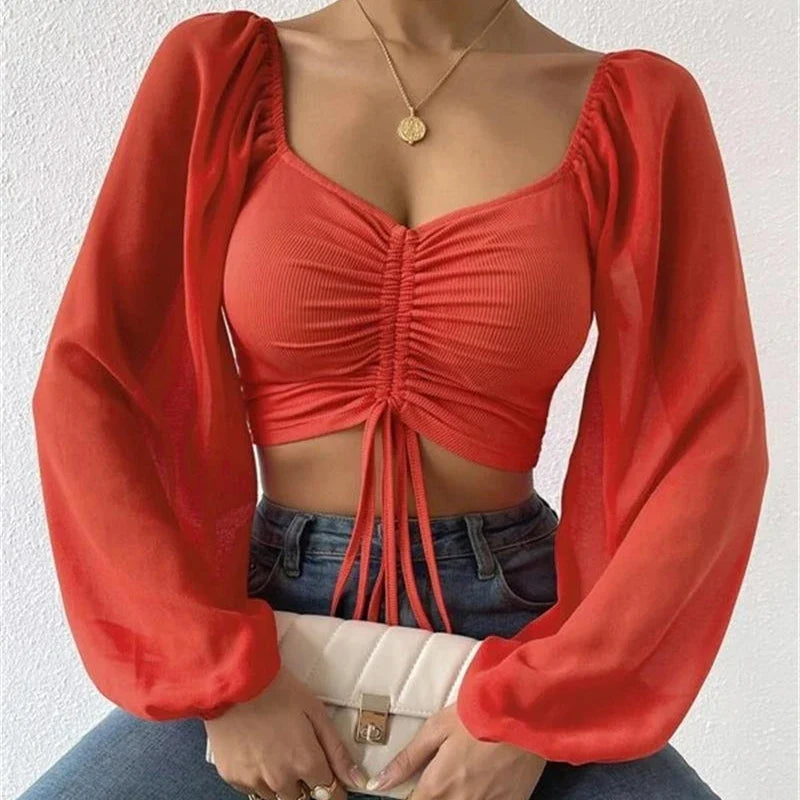 VNeck Drawstring Bandage Sheer Top