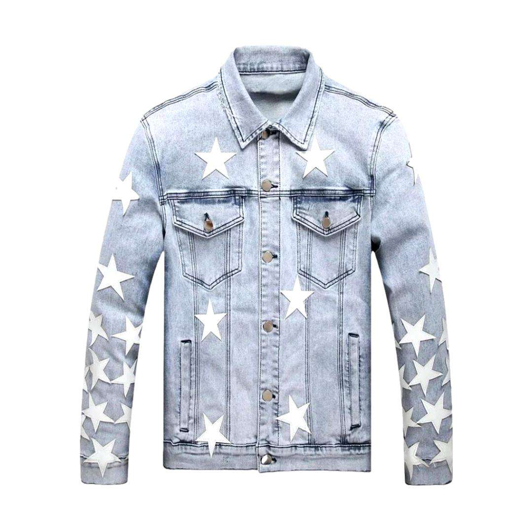 Light Blue Collared Button Front Star Patch Denim Jacket 2