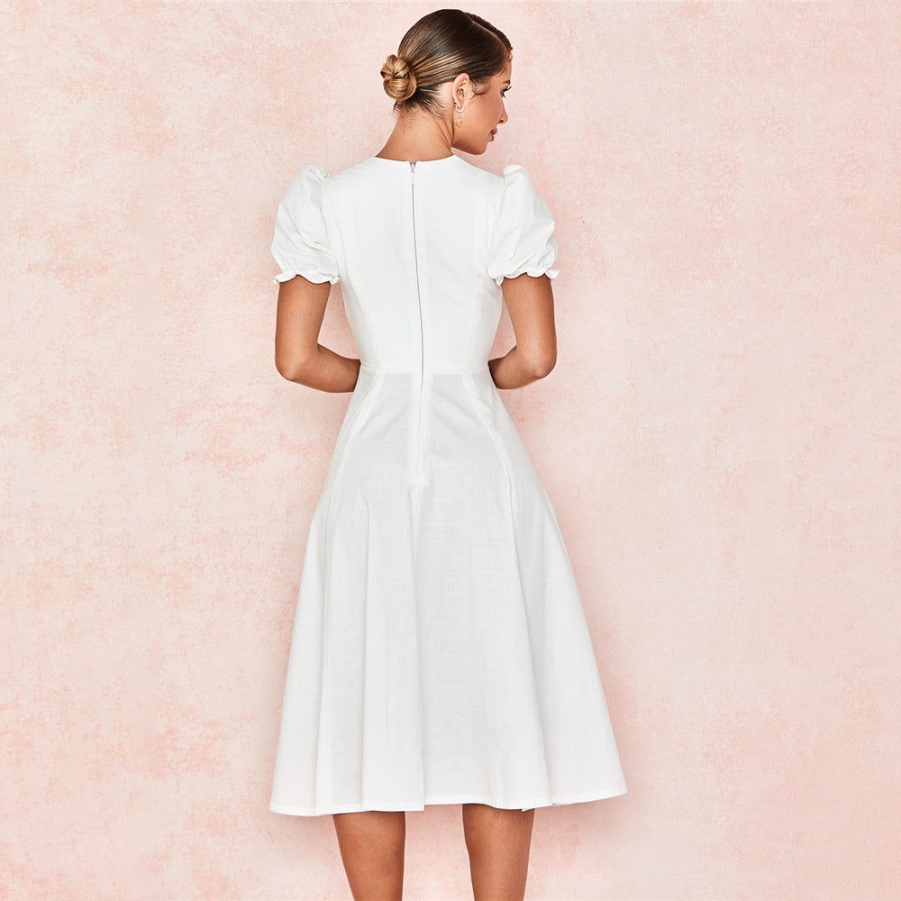White Square Neck Puff Sleeve Ruched Button Front A-Line Midi Dress