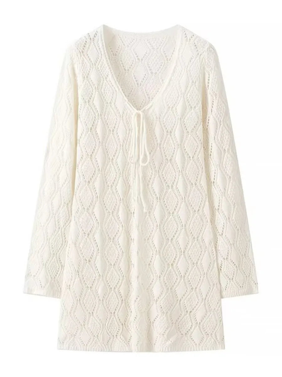 Solid Hollow Out Knitted Beach Dress Women V Neck Long Sleeve Lace up Vestidos Summer Sexy Fashion Holiday Mini Dresses