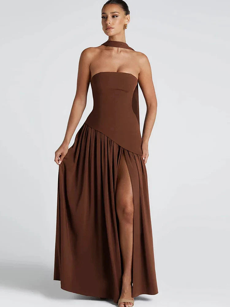 Patchwork Draped Slit Maxi Dress