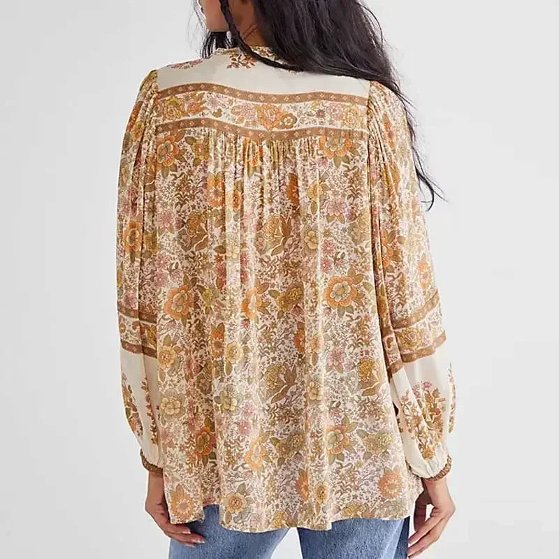 Super Chic Boho Floral Print Vneck Tassel Blouse