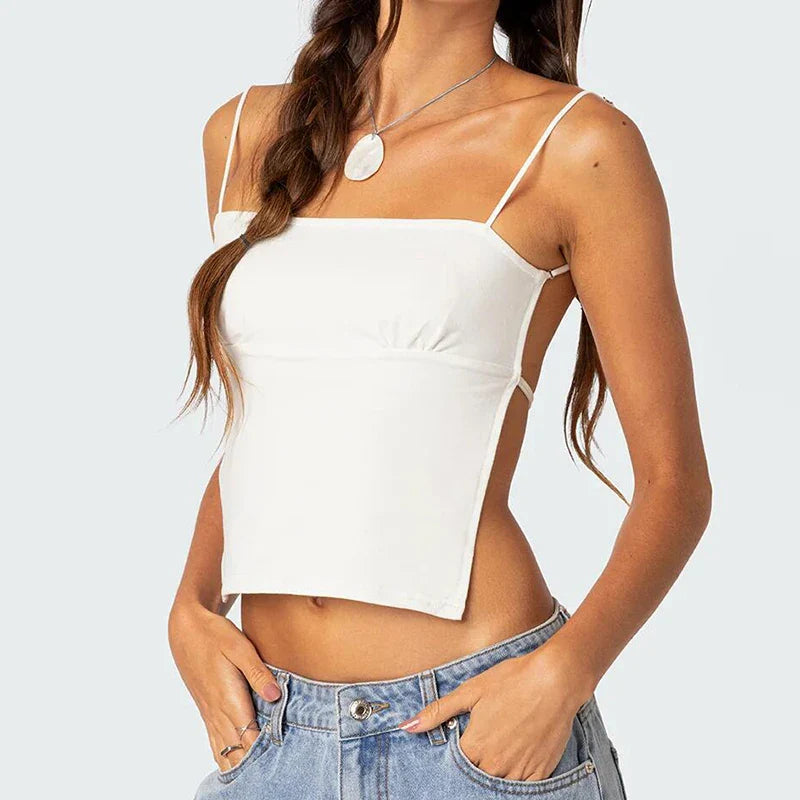 Solid Color Laceup Backless Halter Cami Top