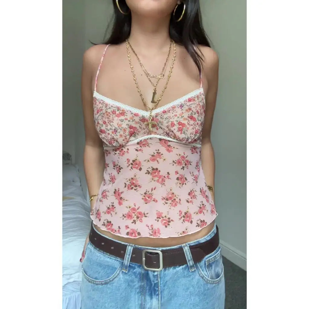 Y2K Adjustable Strap VNeck Floral Patchwork Cami Top