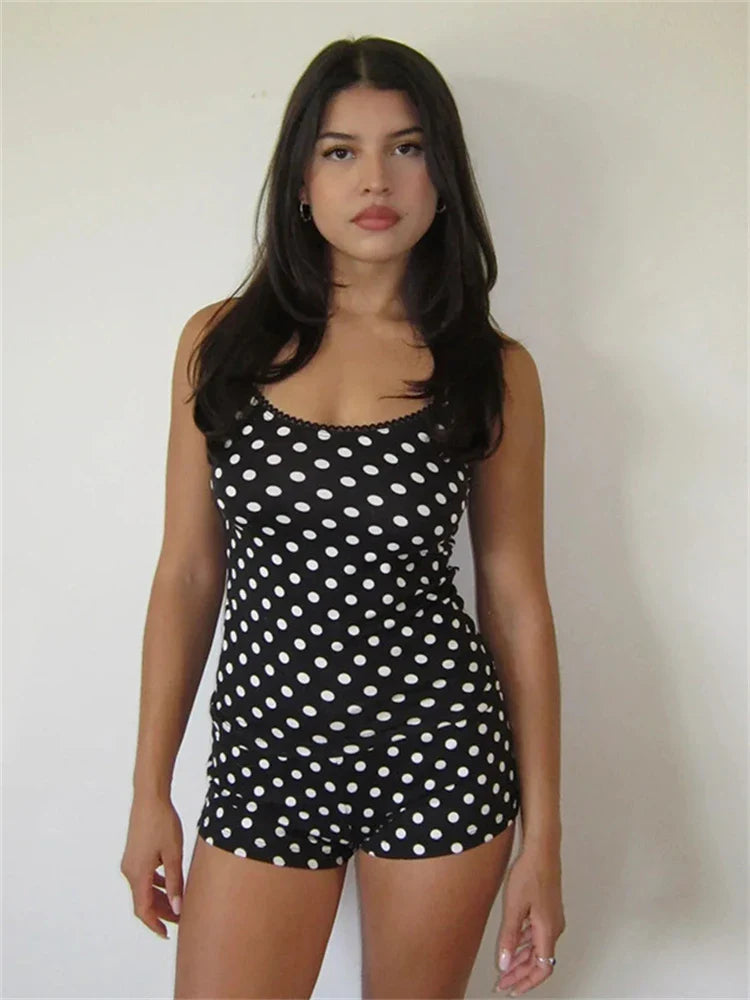 Polka Dot UNeck Crop Tank Top Two Piece Shorts Set