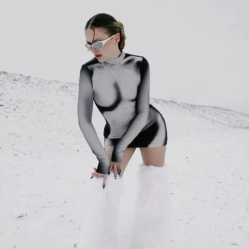White Mock Neck Body Print Long Sleeve Bodycon Mini Dress 2