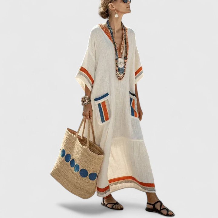 Split Neck Embroidered Striped Pocket Kaftan Maxi Dress