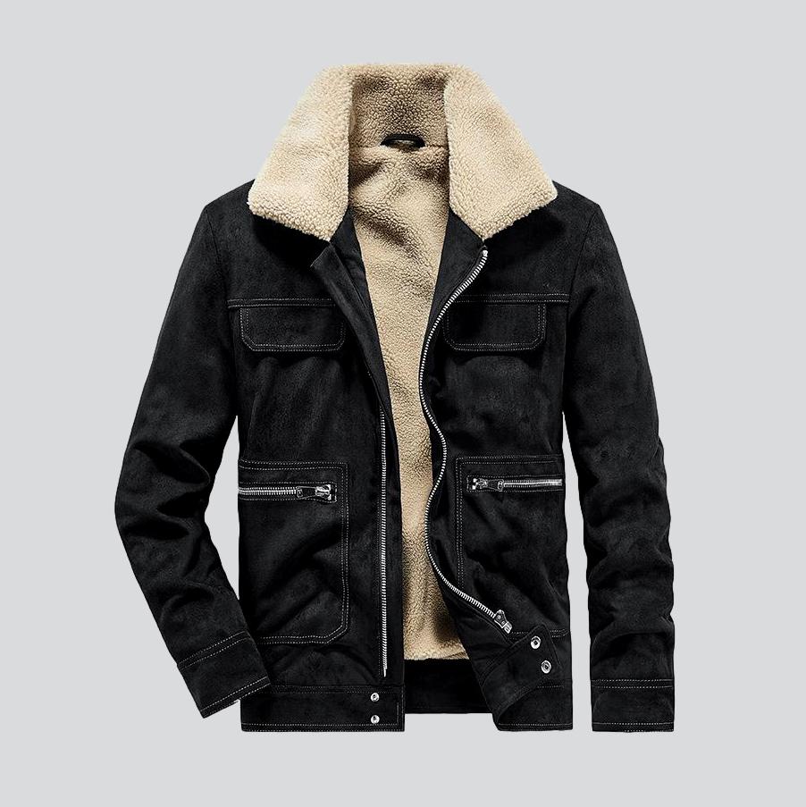Sherpa Collar Zip Front Suede Shearling Jacket 11