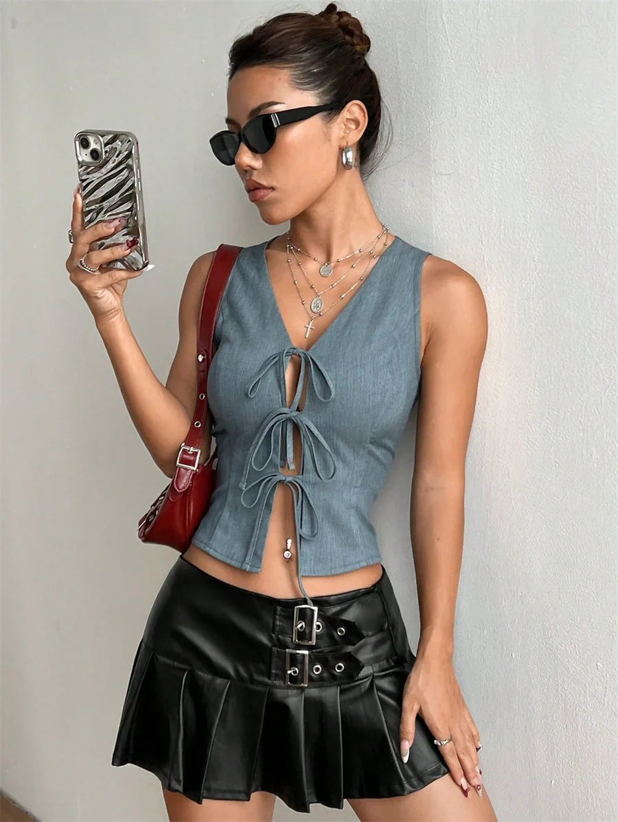 Solid Laceup Vneck Blouse