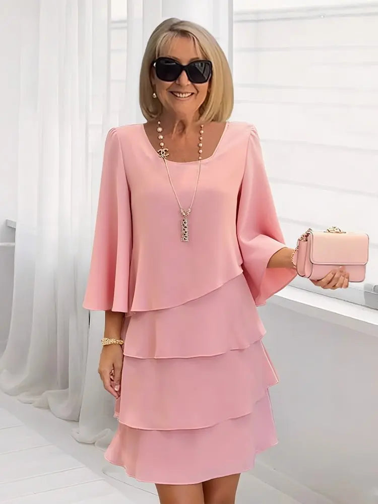 Round Neck Bell Sleeve Chiffon Tiered Layered A-Line Midi Dress