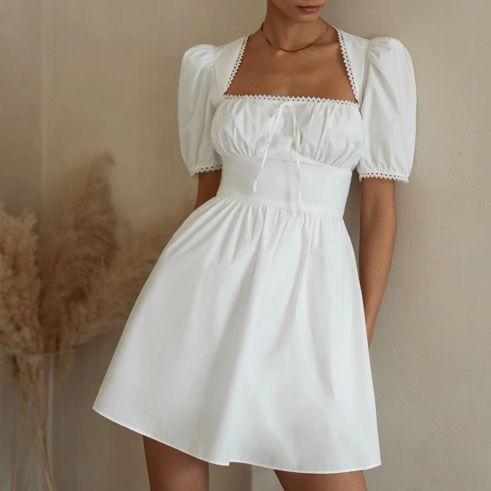 White Square Neck Puff Sleeve Tie Front Fit and Flare Mini Dress