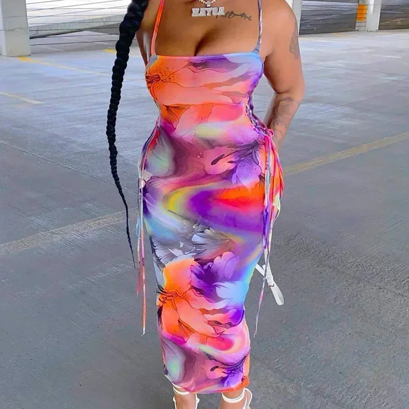 European Style Strap V Neck Midi Dress
