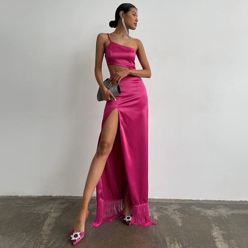 Spaghetti Strap Satin Cutout Fringe Hem High Slit Maxi Dress 9