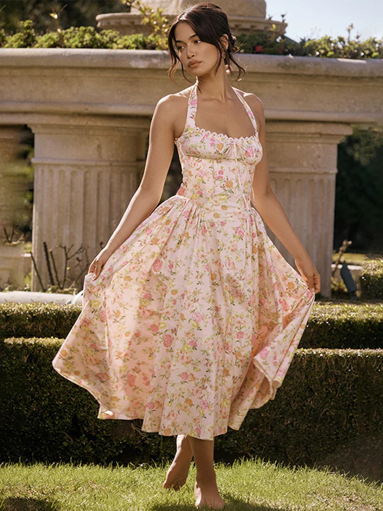 Print Wrap Aline Halter Midi Summer Dress