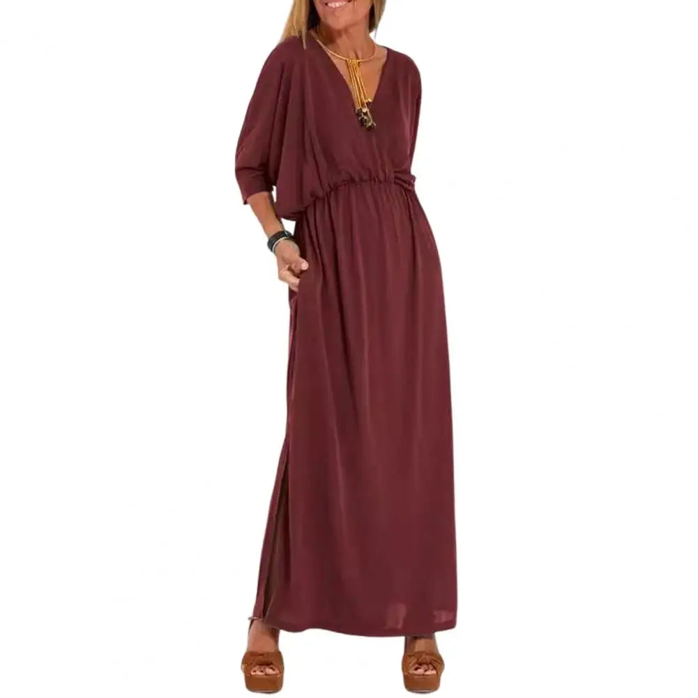 Surplice V-Neck Dolman Sleeve Elastic Waist Flowy Maxi Dress 3
