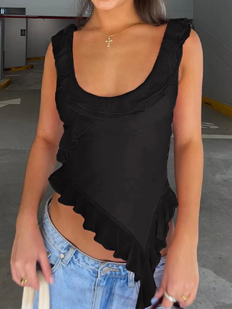 Oneck Ruffled Backless Irregular Cami Top