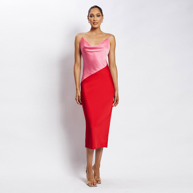Red Cowl Neck Spaghetti Strap Satin Diagonal Panel Bodycon Maxi Dress