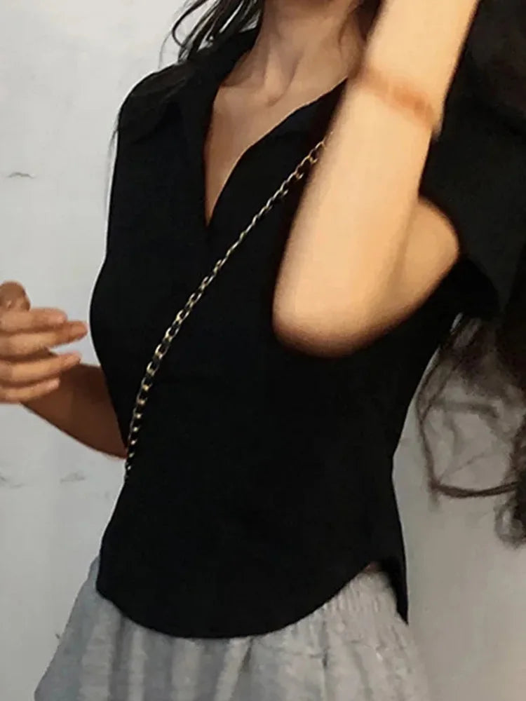 Solid VNeck Lapel Retro Crop Top