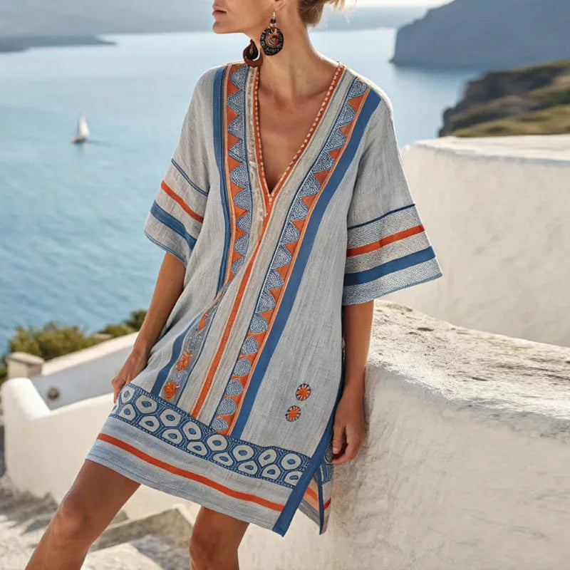 Blue And Orange Pattern V-Neck Embroidered Striped Boho Half Sleeve Shift Mini Dress