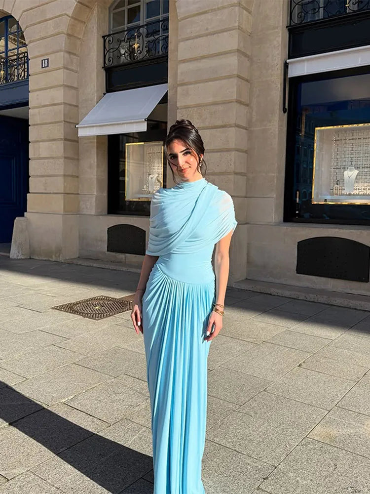 Blue Shawl Pleated A-line Maxi Dress