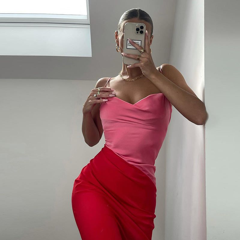 Red Cowl Neck Spaghetti Strap Satin Diagonal Panel Bodycon Maxi Dress