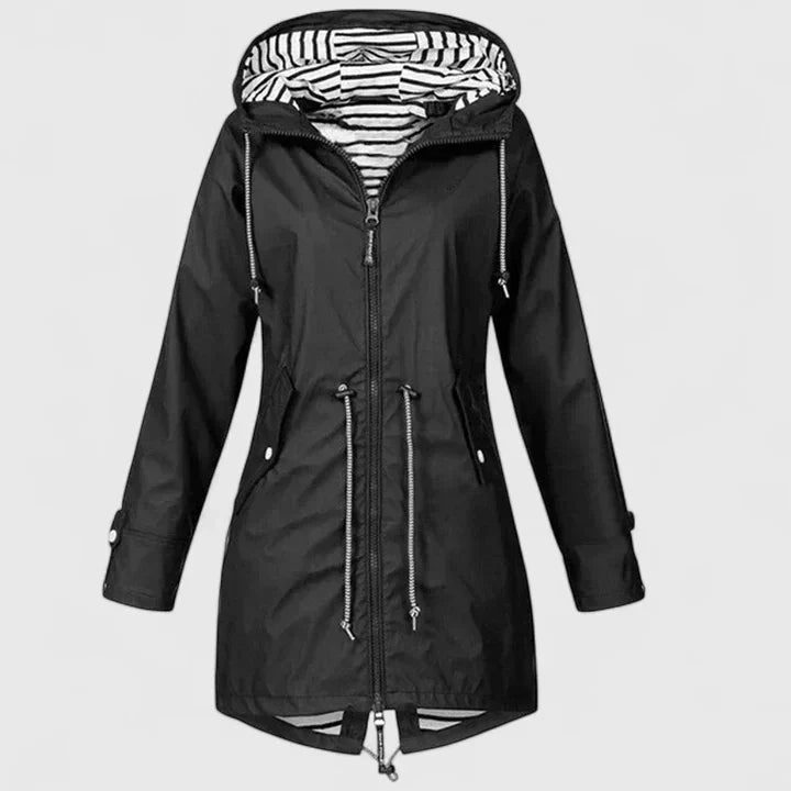 Hooded Zip Front Drawstring Waist Windbreaker Rain Jacket
