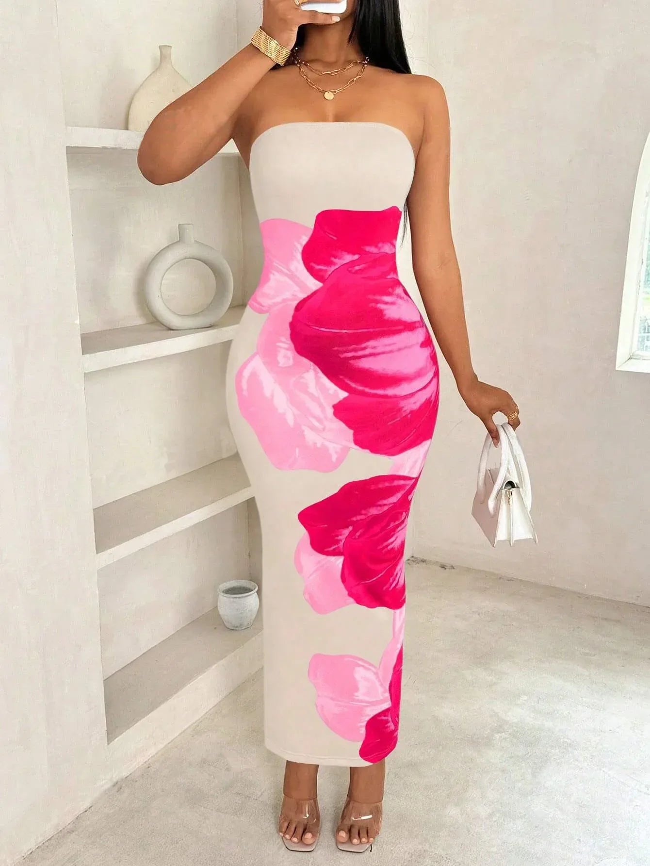 Chest Spread Slit Print Floral Dress