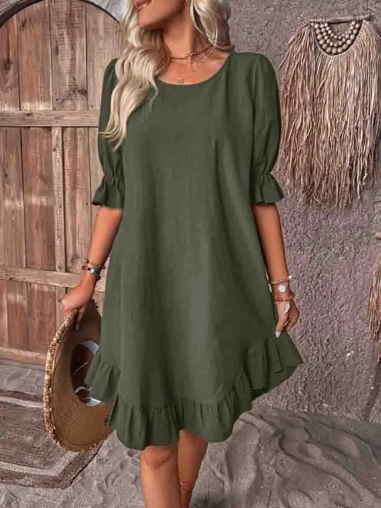 Round Neck Ruffle Cuff Half Sleeve Ruffle Hem Shift Mini Dress