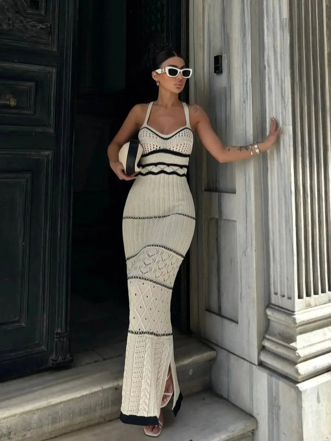 Striped Knit Backless V Neck Summer Dress