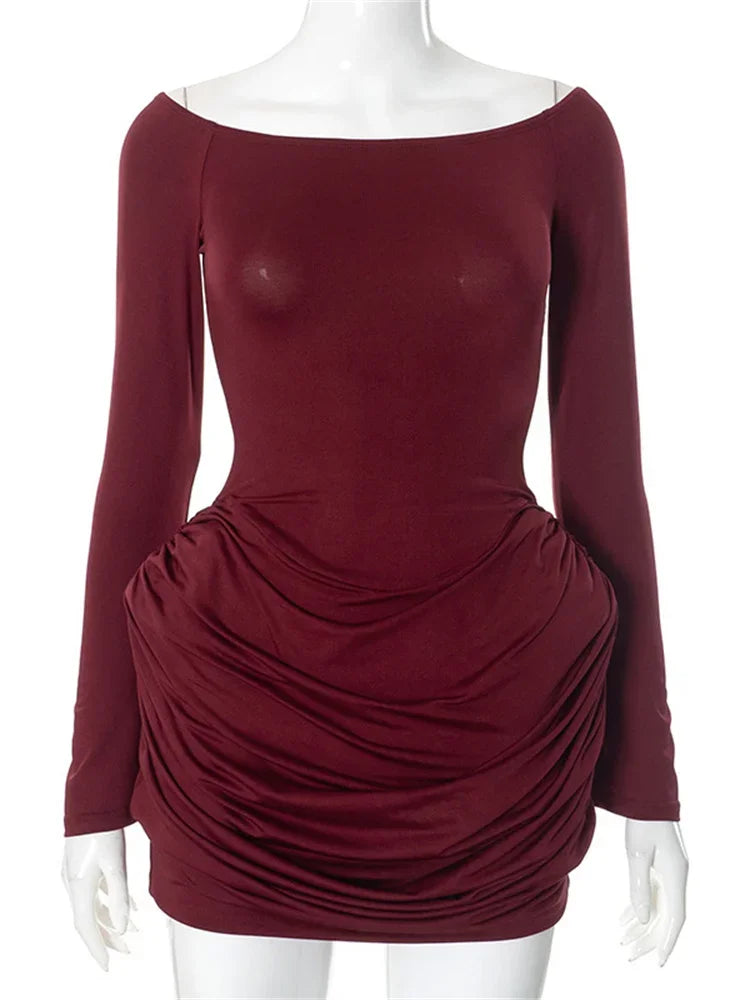 Pleated Off - Shoulder Long Sleeve Mini Dress