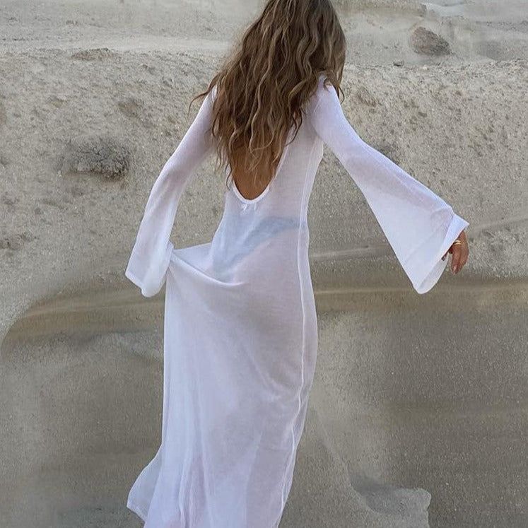 White Scoop Back Flare Sleeve Sheer Knit Beach Cover-Up Maxi Dress